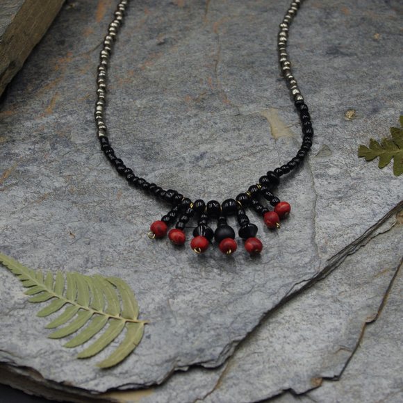 Black and Red Beaded Fringe Statement Necklace with Czech Crystal and Handmade B - Picture 4 of 5